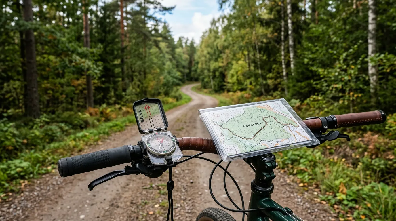 Map and compass on a bicycle handlebar with a scenic forest road in the background